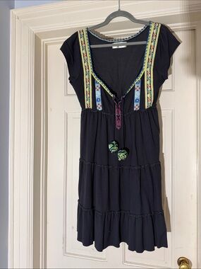 Free People Black Boho Embroidered V-Neck Dress